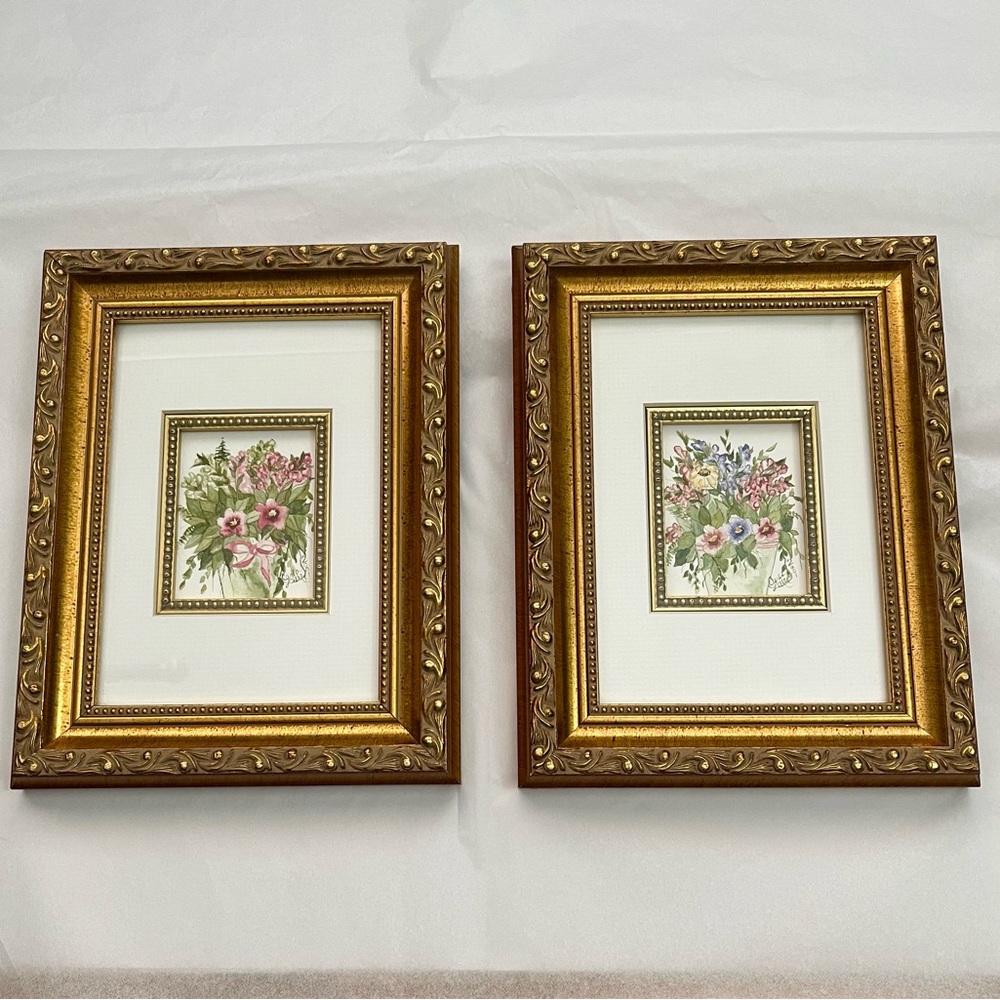 Watercolor Flowers Ornate Wood Gold Frames Original Floral Art Prints Set